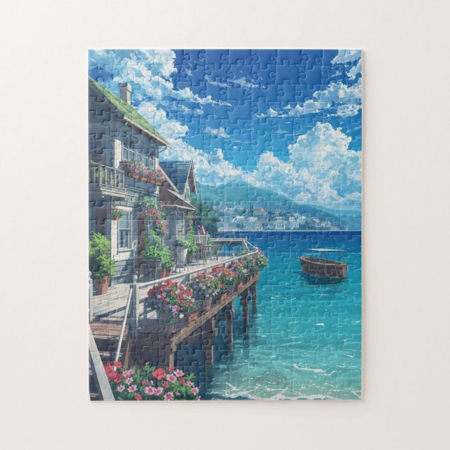 Anime Coastal Village Jigsaw Puzzle – Seaside Flow (Vertical)