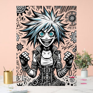 anime comic cheerful art original blu_eyes black_a acrylic sign