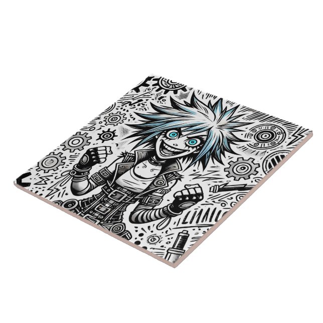 anime comic cheerful art original blu_eyes black_a ceramic tile (Side)