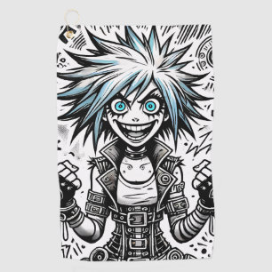 anime comic cheerful art original blu_eyes black_a golf towel