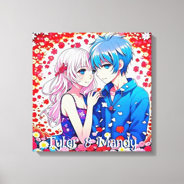 Anime Couple, Flowers Personalized Canvas Print (Front)