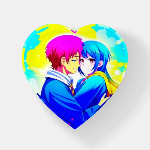 Anime Couple Hugging Pink and Blue Paperweight