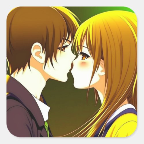 Anime Couple Kissing Cartoon Square Sticker