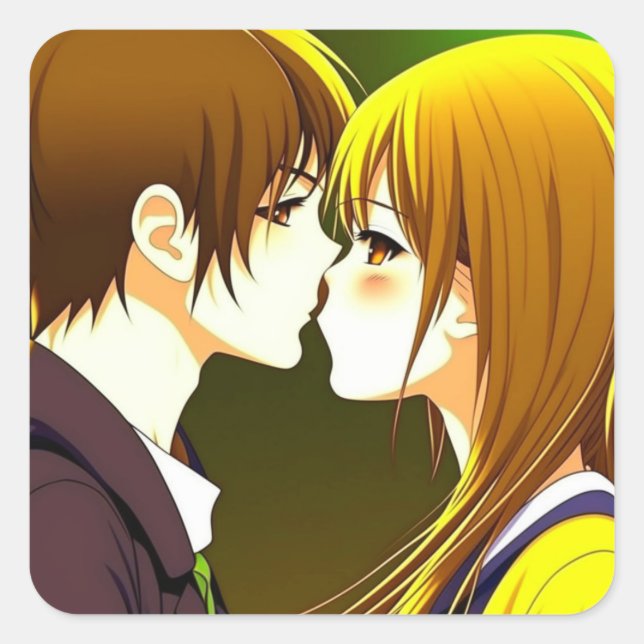 Anime Couple Kissing Cartoon Square Sticker (Front)
