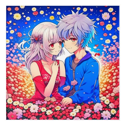 Anime Couple Love Flowers and Hearts Acrylic Print