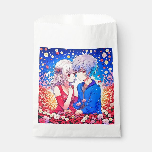 Anime Couple Love Flowers and Hearts Favor Bag (Front)