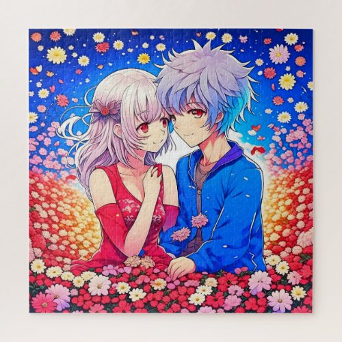 Anime Couple Love Flowers and Hearts Jigsaw Puzzle