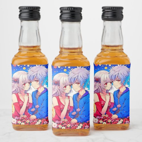 Anime Couple Love Flowers and Hearts Liquor Bottle Label