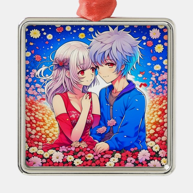 Anime Couple Love Flowers and Hearts Metal Ornament (Front)