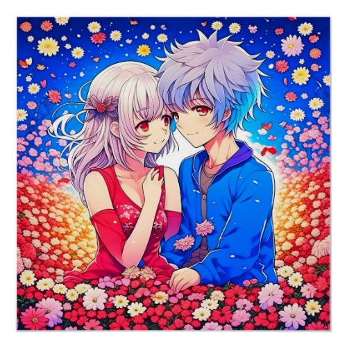 Anime Couple Love Flowers and Hearts Poster