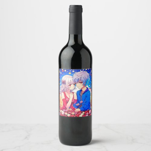 Anime Couple Love Flowers and Hearts Wine Label