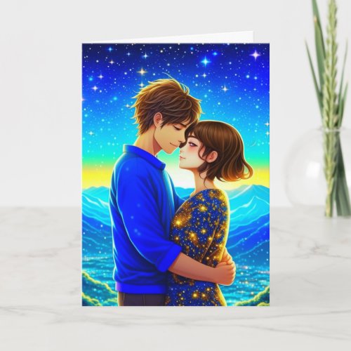Anime Couple Mountains and Stars Valentines Day Card
