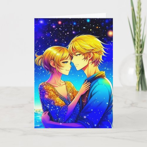 Anime Couple on a Romantic Night Valentines Day Card