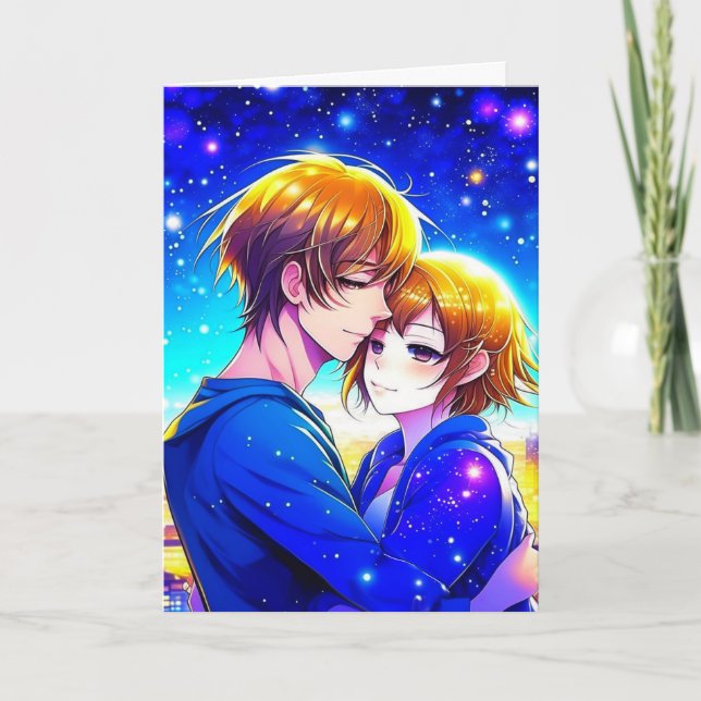 Anime Couple on a Romantic Night Valentine's Day Card (Front)
