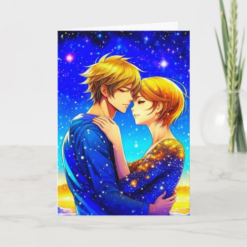 Anime Couple on a Starry Night Valentines Day Card