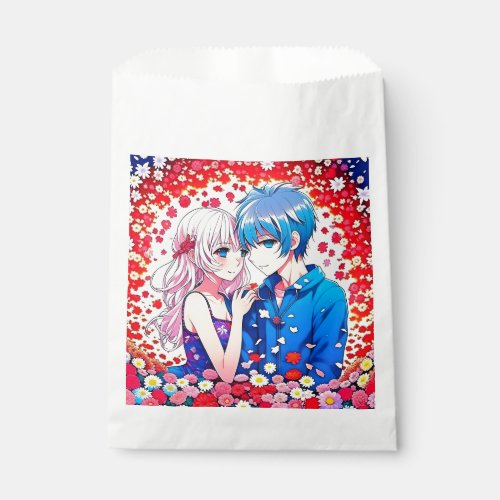 Anime Couple Red and Blue Floral Wedding Favor Bag