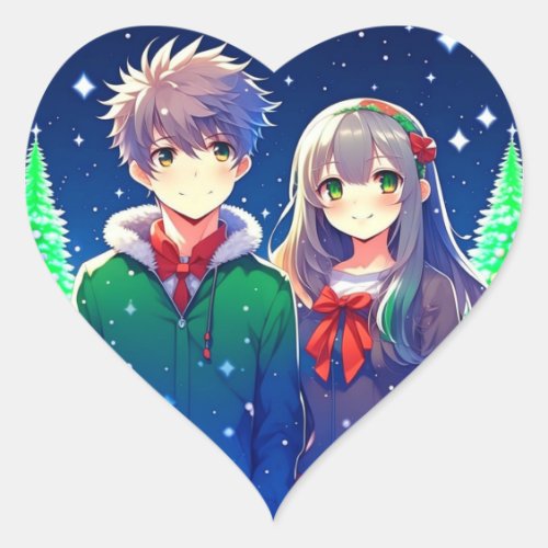 Anime Couple Romantic Christmas  Heart Sticker