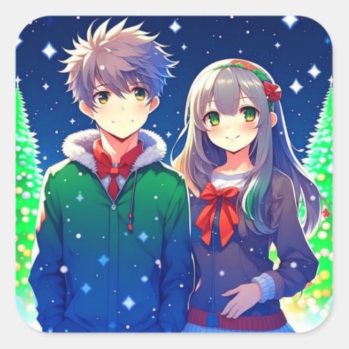Anime Couple Romantic Christmas  Square Sticker