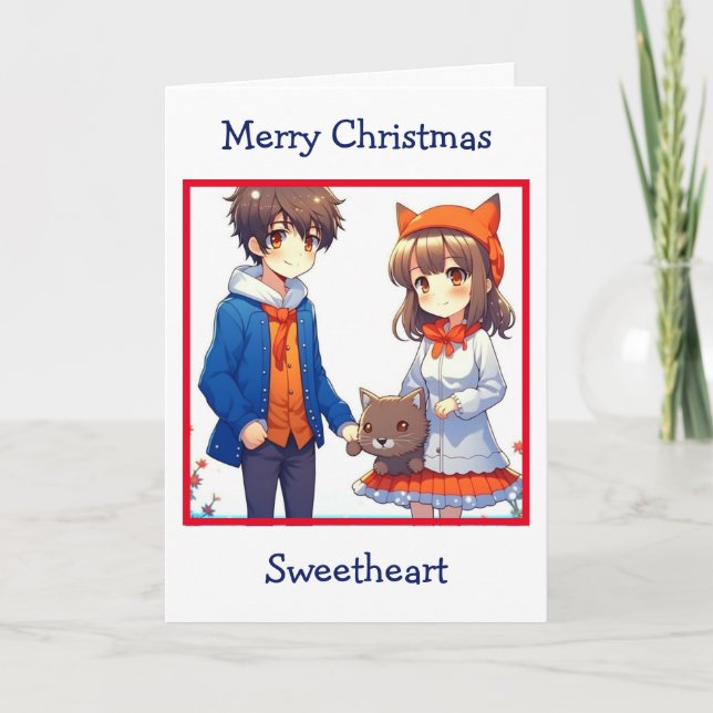 Anime Couple Romantic Personalized Christmas  Card (Front)