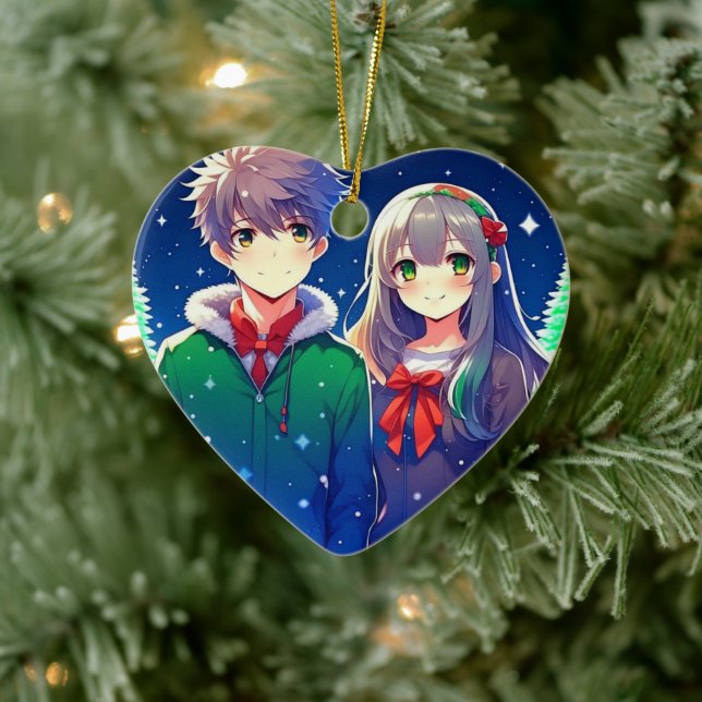 Anime Couple Romantic Personalized Christmas  Ceramic Ornament (Tree)