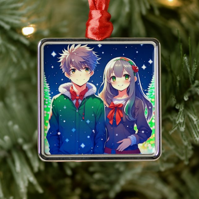 Anime Couple Romantic Personalized Christmas  Metal Ornament (Tree)