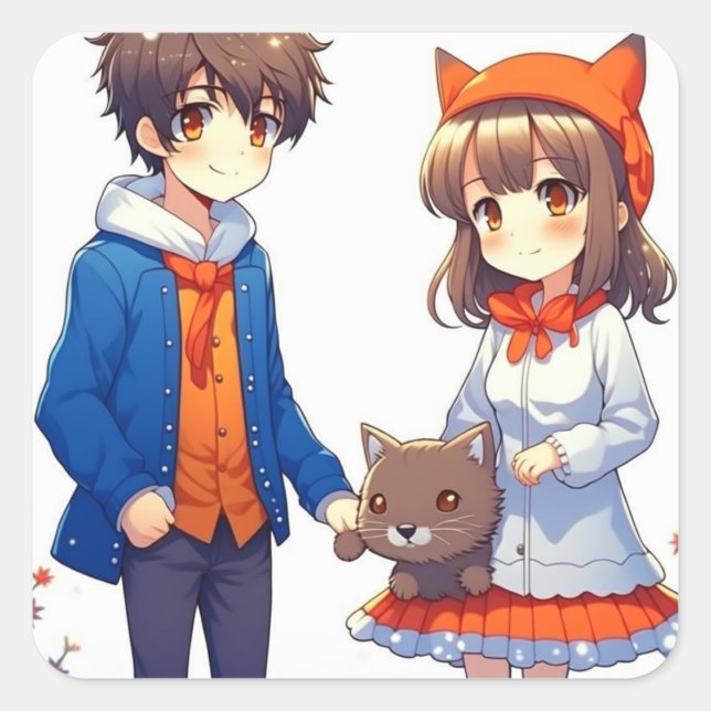 Anime Couple Romantic Personalized Christmas  Square Sticker (Front)