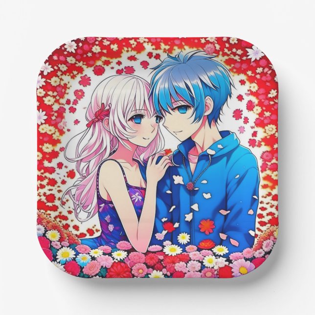 Anime Couple Unique Wedding Paper Plates (Front)