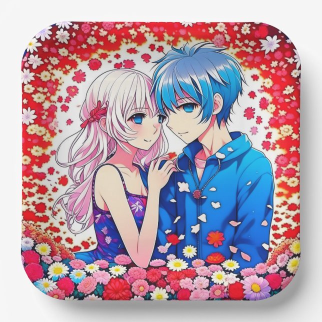 Anime Couple Unique Wedding Paper Plates (Front)