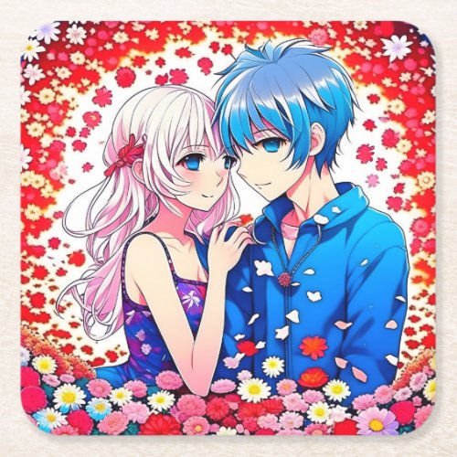 Anime Couple Unique Wedding Square Paper Coaster