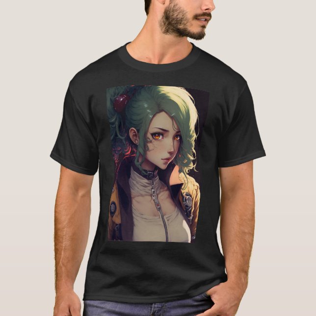 Anime Cute Girl with Green Hair T-Shirt (Front)