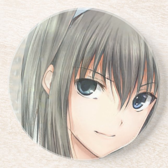 Anime dark-haired girl gray eyes coaster (Front)