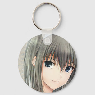 Anime dark-haired girl gray eyes keychain
