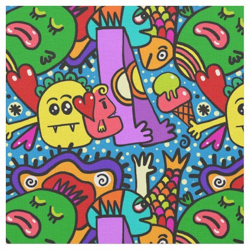 Anime design doodles faces smiles fabric