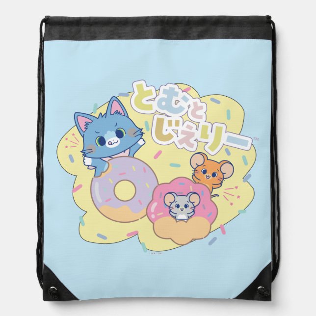 Anime Donut Delights with Tom, Jerry, and Tuffy Drawstring Bag (Front)