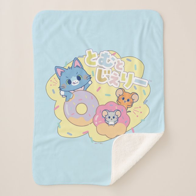 Anime Donut Delights with Tom, Jerry, and Tuffy Sherpa Blanket (Front)