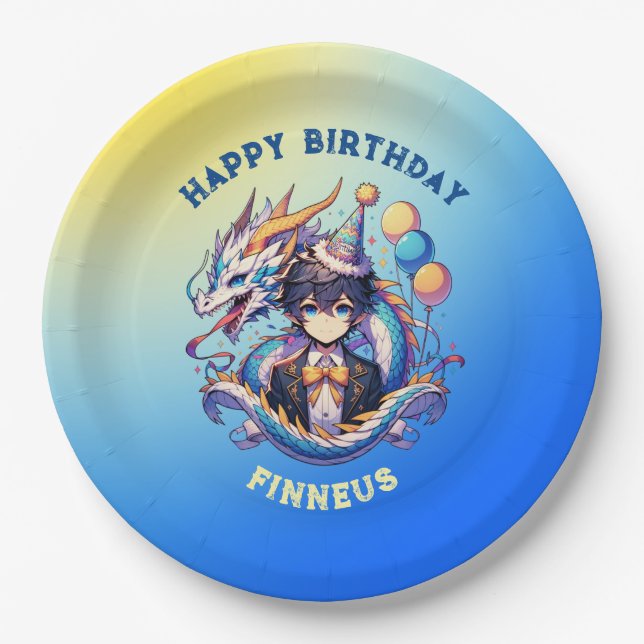 Anime Dragon Personalized Boy's Birthday  Paper Plates (Front)