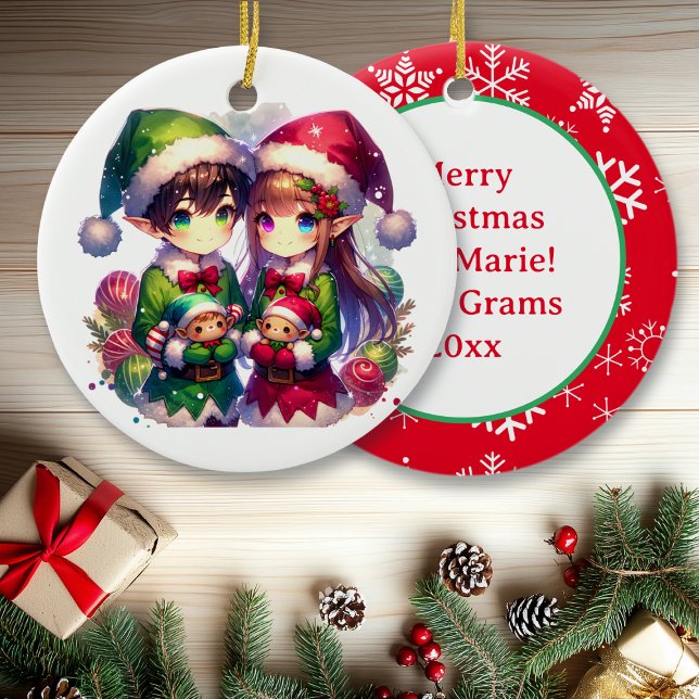 Anime Elves and Snowflakes Personalized Christmas  Ceramic Ornament (Creator Uploaded)