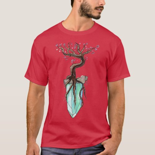 Anime Fantasy Sakura Tree on Floating Crystal  T_Shirt