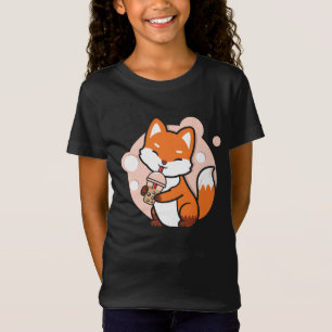 Anime Fox Drinking Boba Tea Girls Graphic T-Shirt