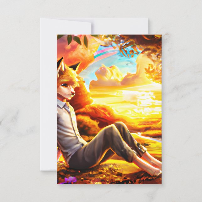 Anime Fox Male in Landscape at Sunset Thank You Card (Front)
