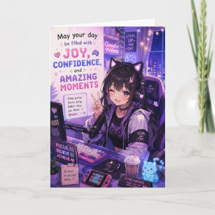 Anime Gamer Girl Greeting Card Kawaii Streamer