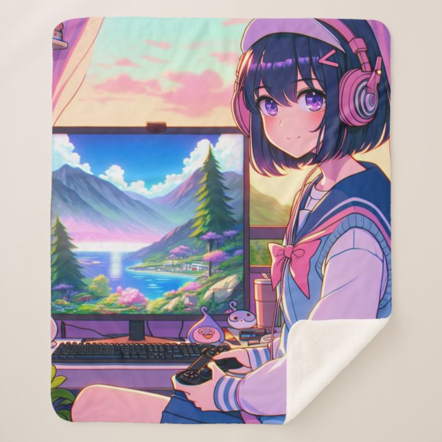 Anime Gamer Girl,  Sherpa Blanket (Front)