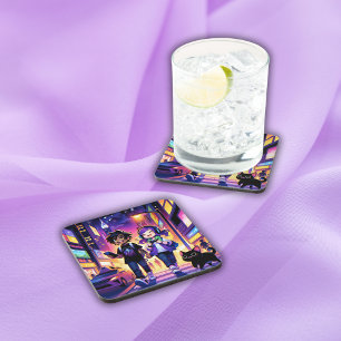 Anime Gaming Couple with their Cat Beverage Coaster