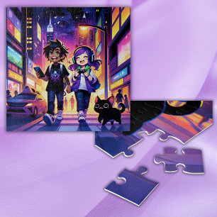 Anime Gaming Couple with their Cat Jigsaw Puzzle