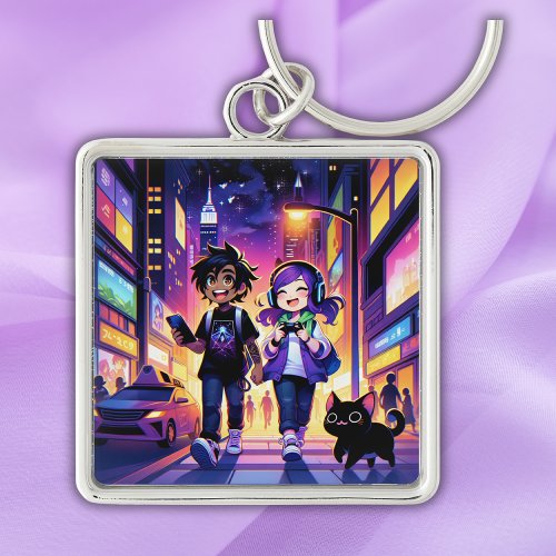 Anime Gaming Couple with their Cat  Keychain