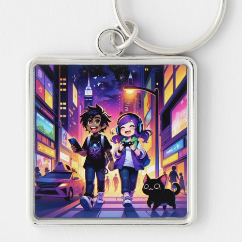 Anime Gaming Couple with their Cat  Keychain