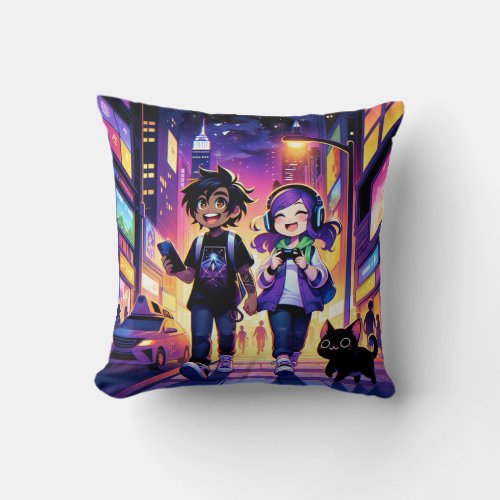 Anime Gaming Couple with their Cat  Throw Pillow