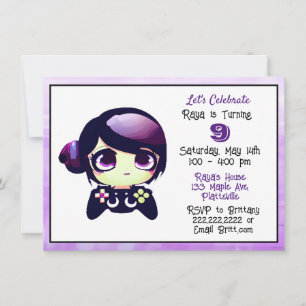 Anime Gaming Girl Purple and Black Kid's Birthday Invitation