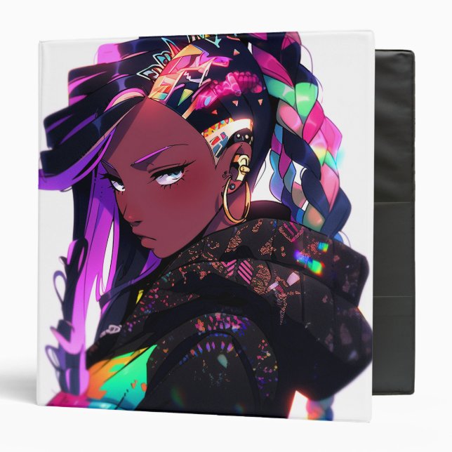 Anime Girl African American Art 3 Ring Binder (Front/Inside)
