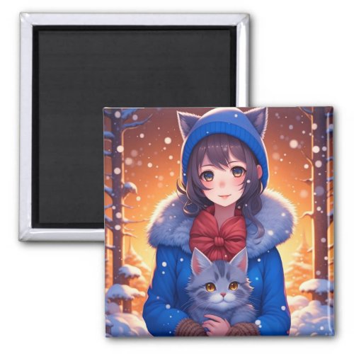 Anime Girl and a Kitten Winter Christmas Magnet